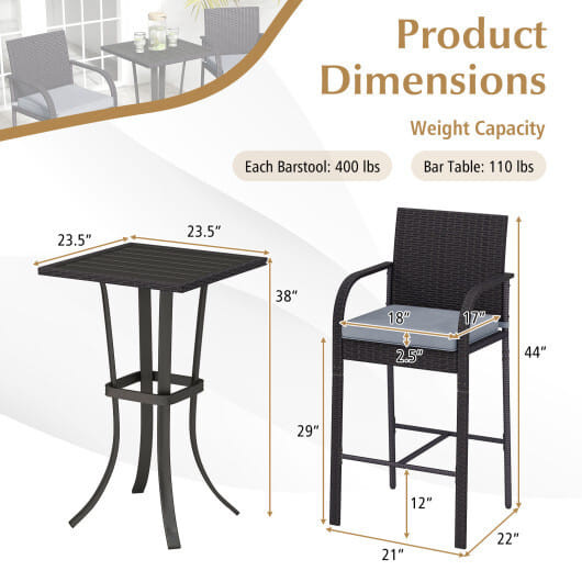 3-Piece Patio Wicker Rattan Bar Height Chairs and Square Table Set-Black - Color: Black D681-NP11975DK