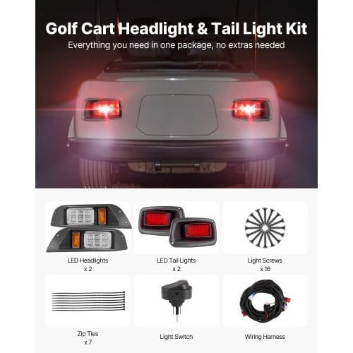  Golf Cart Light Kit, 12V, LED Headlight and Taillight Kit with Wiring Harness, Switch, Zip Ties, A E415-QCDTJCLUBCARL8AUB001V9