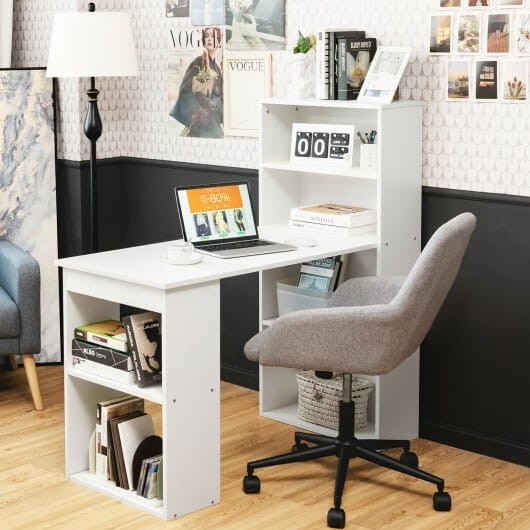 Computer Desk Writing Workstation Office with 6-Tier Storage Shelves-White - Color: White D681-CB10301WH