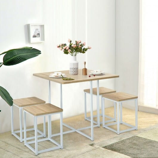 5 Pieces Metal Frame Dining Set with Compact Dining Table and 4 Stools-Natural - Color: Natural D681-HW66632NA