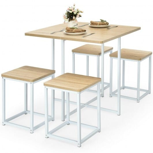 5 Pieces Metal Frame Dining Set with Compact Dining Table and 4 Stools-Natural - Color: Natural D681-HW66632NA