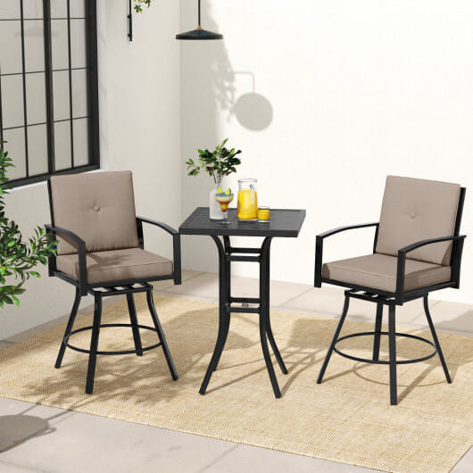 3 Pieces Patio Swivel Bar Set with Soft Cushions and Umbrella Hole-Brown - Color: Brown D681-NP12165CF+