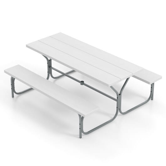 6 FT Picnic Table Bench Set Dining Table and 2 Benches with Metal Frame and HDPE Tabletop-White - C D681-NP11266WH+