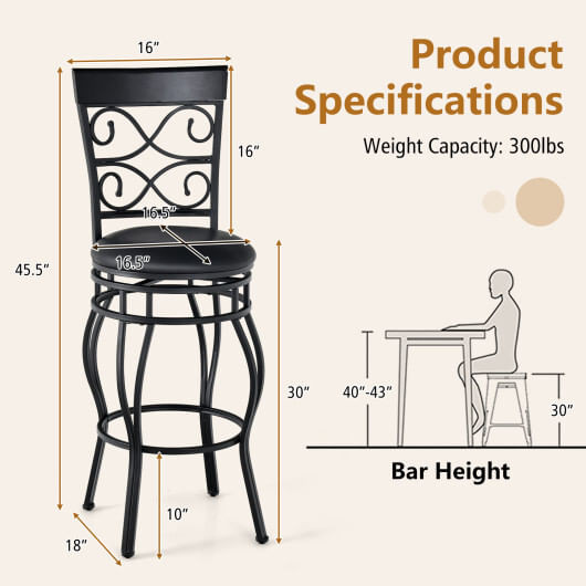 Set of 2 30 Inch Bar Stool with Backrest and Footrest-Black - Color: Black D681-HW67399DK