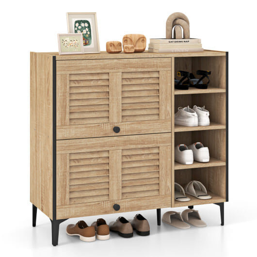 Shoe Rack Organizer with Flip-up See-through Doors and Adjustable Shelves-Oak - Color: Oak D681-JV12066OA