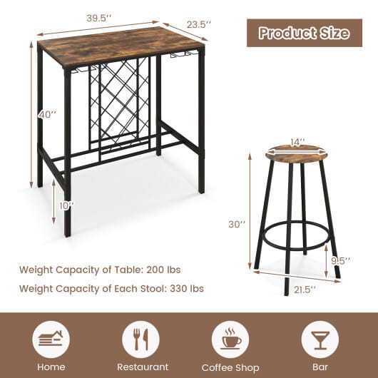 5 Pieces Bar Table and Stools Set with Wine Rack and Glass Holder-Rustic Brown - Color: Rustic Brown D681-KC55678CF