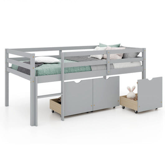 Twin Size Low Loft Bed with 3 Drawers with Ladder and Full-length Guardrails-Gray - Color: Gray D681-HU10706GR