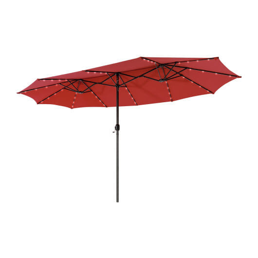 15 Feet Twin Patio Umbrella with 48 Solar LED Lights-Dark Red - Color: Dark Red - Size: 15 ft D681-NP11394WN