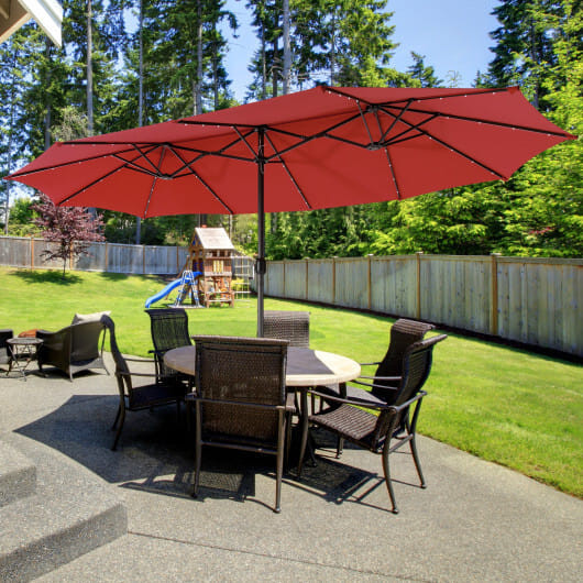 15 Feet Twin Patio Umbrella with 48 Solar LED Lights-Dark Red - Color: Dark Red - Size: 15 ft D681-NP11394WN