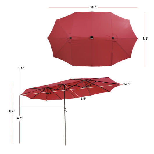 15 Feet Twin Patio Umbrella with 48 Solar LED Lights-Dark Red - Color: Dark Red - Size: 15 ft D681-NP11394WN