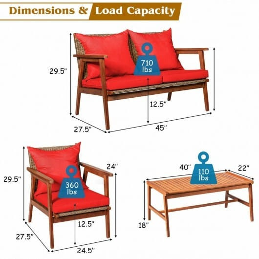 4 Piece  Acacia Wood Patio Rattan Furniture Set-Red - Color: Red D681-HW66517RE+