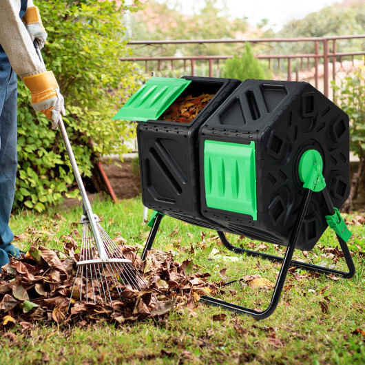 Dual Chamber Garden Compost Tumbler with Sliding Doors-Black & Green B593-GT4053