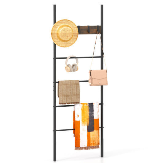 Wall-Leaning Decorative Blanket Holder with 5 Removable Hooks - Color: Rustic Brown D681-JV10999