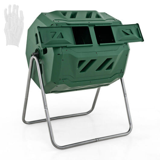 43 Gallon Rotating Compost Bin Barrel with Dual Chamber and Sliding Doors-Green - Color: Green D681-GT3716GN
