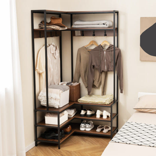 Corner Garment Rack with Open Shelves and 7 Hooks Shoe Bench-Walnut - Color: Walnut D681-HU10555WT