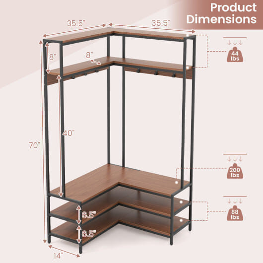 Corner Garment Rack with Open Shelves and 7 Hooks Shoe Bench-Walnut - Color: Walnut D681-HU10555WT