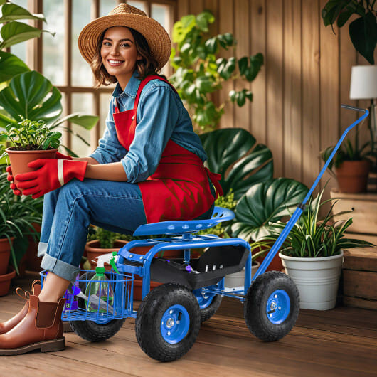 Extendable Handle Garden Cart Rolling Wagon Scooter-Blue - Color: Blue D681-GT3750BL