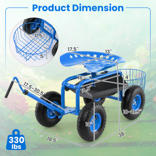 Extendable Handle Garden Cart Rolling Wagon Scooter-Blue - Color: Blue D681-GT3750BL