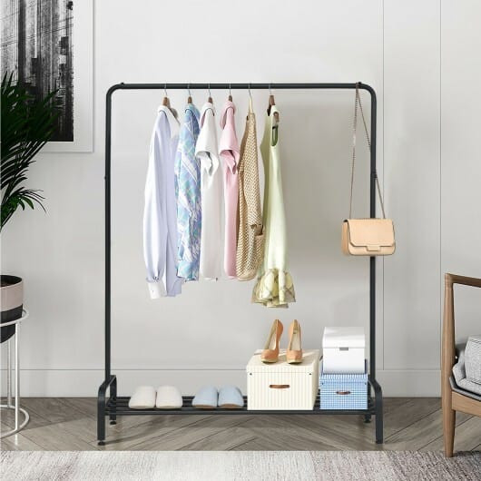 Heavy Duty Clothes Stand Rack with Top Rod and Lower Storage Shelf - Color: Black D681-HW65709