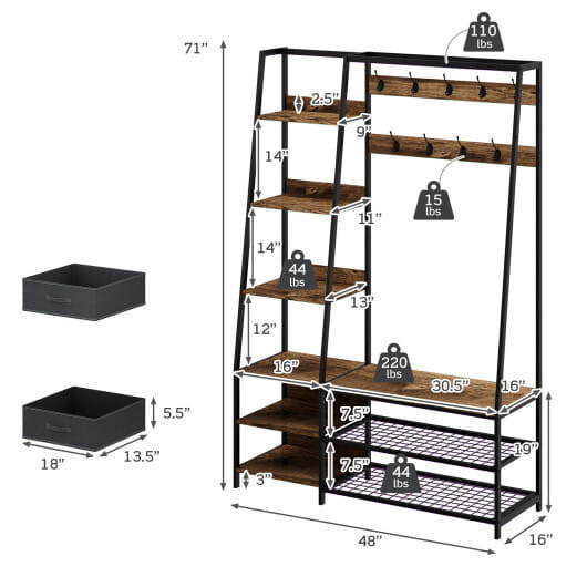 6-in-1 Freestanding Hall Tree Coat Rack with Bench and Fabric Dressers-Rustic Brown B593-HU10246