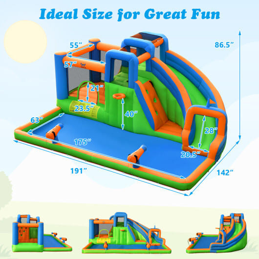 7-in-1 Inflatable Giant Water Park Bouncer with Dual Climbing Walls and 735W Blower - Color: Multic D681-NP10366US