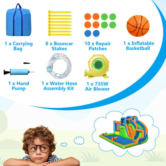 7-in-1 Inflatable Giant Water Park Bouncer with Dual Climbing Walls and 735W Blower - Color: Multic D681-NP10366US
