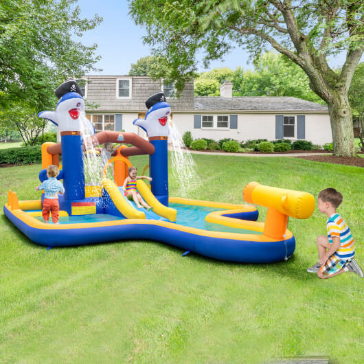 7-In-1 Water Slide Park with Splash Pool and Water Cannon with 680W Blower - Color: Multicolor D681-NP11072+ES10151US