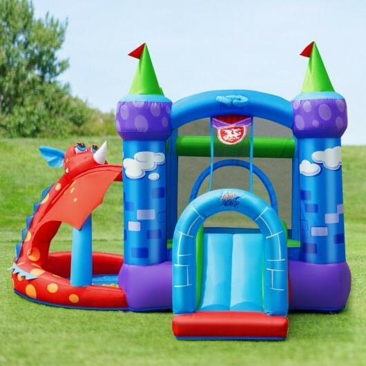 Kids Inflatable Bounce House Dragon Jumping Slide Bouncer Castle with 740W Blower - Color: Multicol D681-OP70347