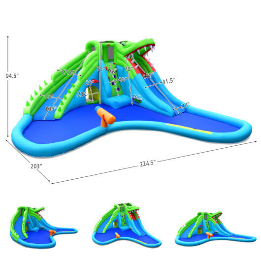 Inflatable Crocodile Style Water Slide Upgraded Kids Bounce Castle with 680W Blower - Color: Green D681-NP10329+ES10151US