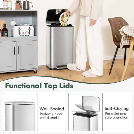 10.5 Gal and 1.6 Gal Step Trash Can Combo Set with Detachable Inner Buckets-Silver B593-GY10016