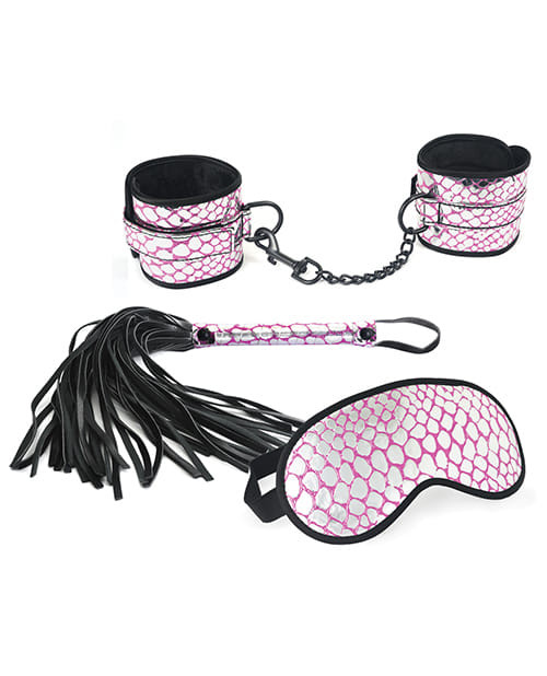 Spartacus Faux Leather Wrist Restraints Blindfold & Flogger Bondage Kit - Pink X615-SPU-115PK
