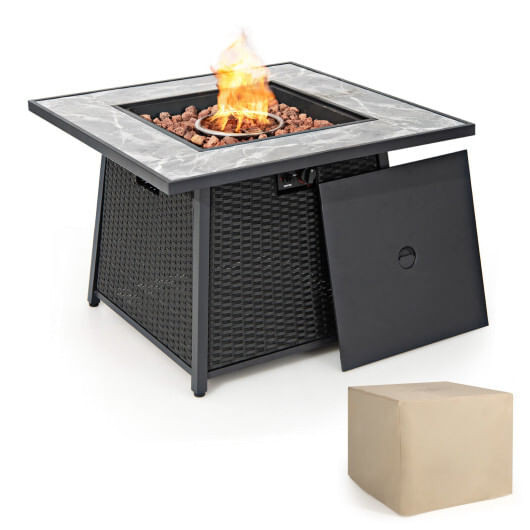 35 Inch Propane Gas Fire Pit Table Wicker Rattan with Lava Rocks PVC Cover-Black B593-NP10262