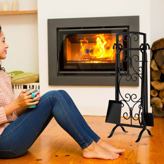5 Piece Wrought Iron Fireplace Tools with Decor Holder-Black - Color: Black D681-HV10287DK