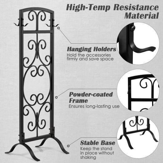 5 Piece Wrought Iron Fireplace Tools with Decor Holder-Black - Color: Black D681-HV10287DK