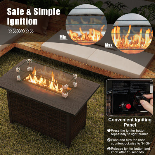 50000 BTU 2 Inch ropane Gas Fire Pit Table with Wind Guard and Glass Rocks-Brown B593-NP12068