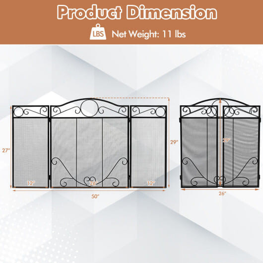 3-Panel Freestanding Fireplace Screen Folded Fire Doors B593-HV10290