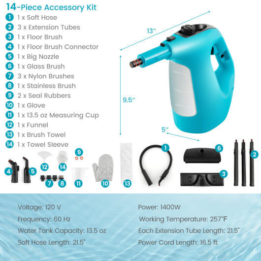 1400W Handheld Steam Cleaner with 14-Piece Accessory Kit and Child Lock-Blue - Color: Blue D681-ES10287US-BL