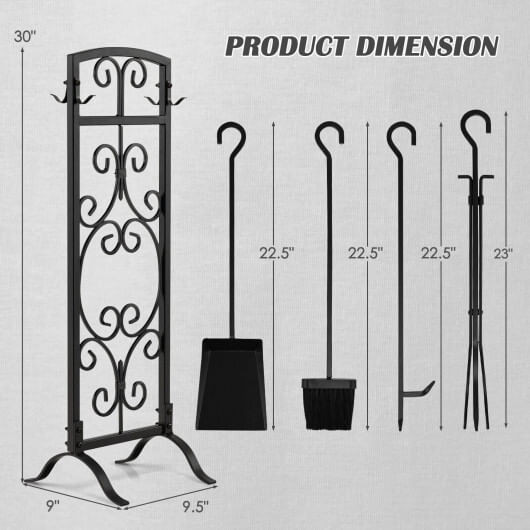 5 Piece Wrought Iron Fireplace Tools with Decor Holder-Black B593-HV10287