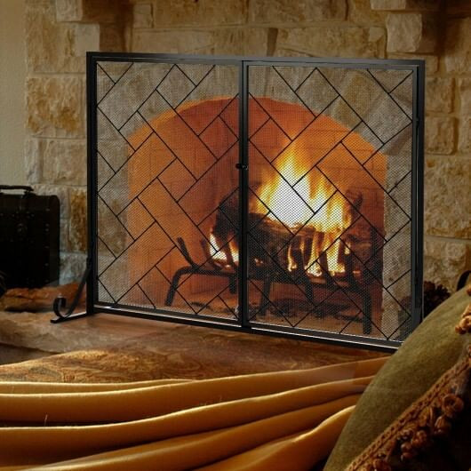 3-Panel Folding Wrought Iron Fireplace Screen with Doors and 4 Pieces Tools Set-Golden B593-JV10066