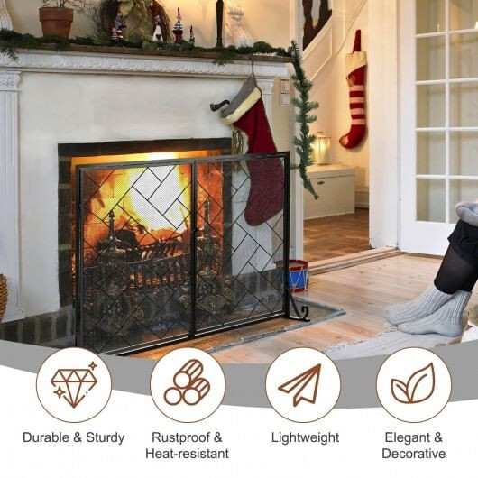 3-Panel Folding Wrought Iron Fireplace Screen with Doors and 4 Pieces Tools Set-Golden B593-JV10066