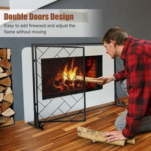 3-Panel Folding Wrought Iron Fireplace Screen with Doors and 4 Pieces Tools Set-Golden B593-JV10066