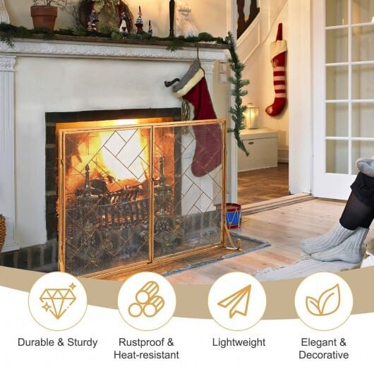3-Panel Folding Wrought Iron Fireplace Screen with Doors and 4 Pieces Tools Set-Golden B593-JV10066