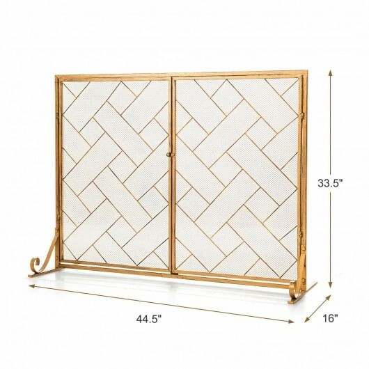 3-Panel Folding Wrought Iron Fireplace Screen with Doors and 4 Pieces Tools Set-Golden B593-JV10066