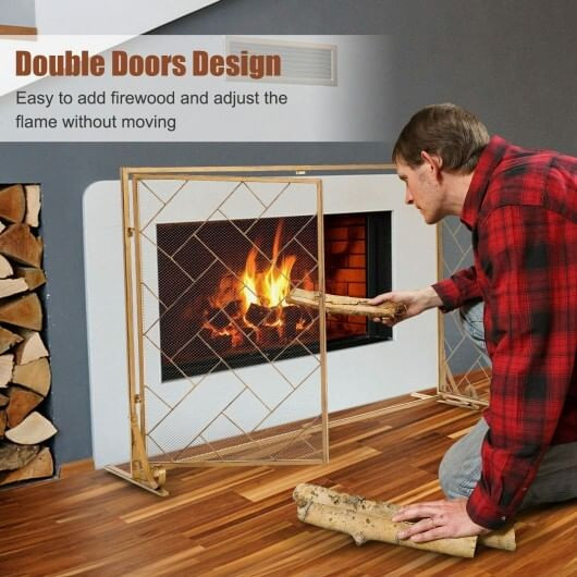 3-Panel Folding Wrought Iron Fireplace Screen with Doors and 4 Pieces Tools Set-Golden B593-JV10066