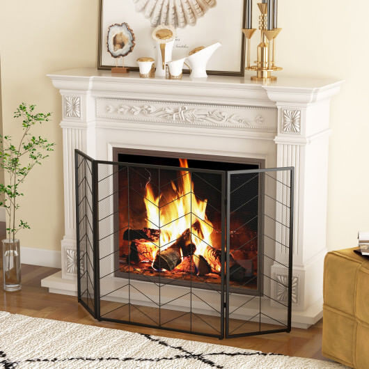 52 x 31 Inch Fireplace Screen with Chevron Herringbone Pattern - Color: Black & Gray D681-JV11173DK-A