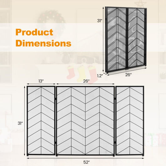 52 x 31 Inch Fireplace Screen with Chevron Herringbone Pattern - Color: Black & Gray D681-JV11173DK-A