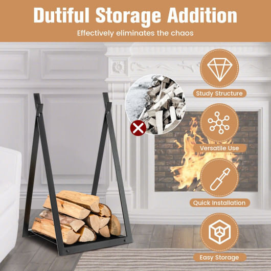 Triangle Firewood Rack with Raised Base for Fireplace Fire Pit-Black B593-HV10295