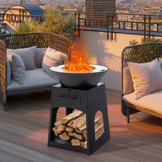 Patio Fire Pit with Firewood Log Rack with Grill and Ash Box-Black B593-NP11478