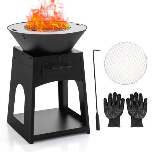 Patio Fire Pit with Firewood Log Rack with Grill and Ash Box-Black B593-NP11478
