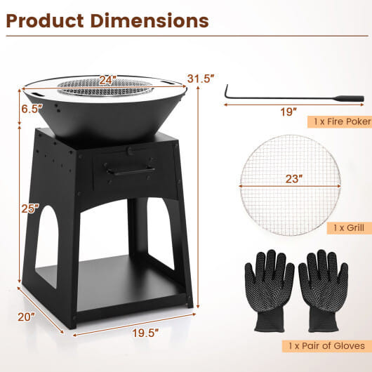Patio Fire Pit with Firewood Log Rack with Grill and Ash Box-Black B593-NP11478